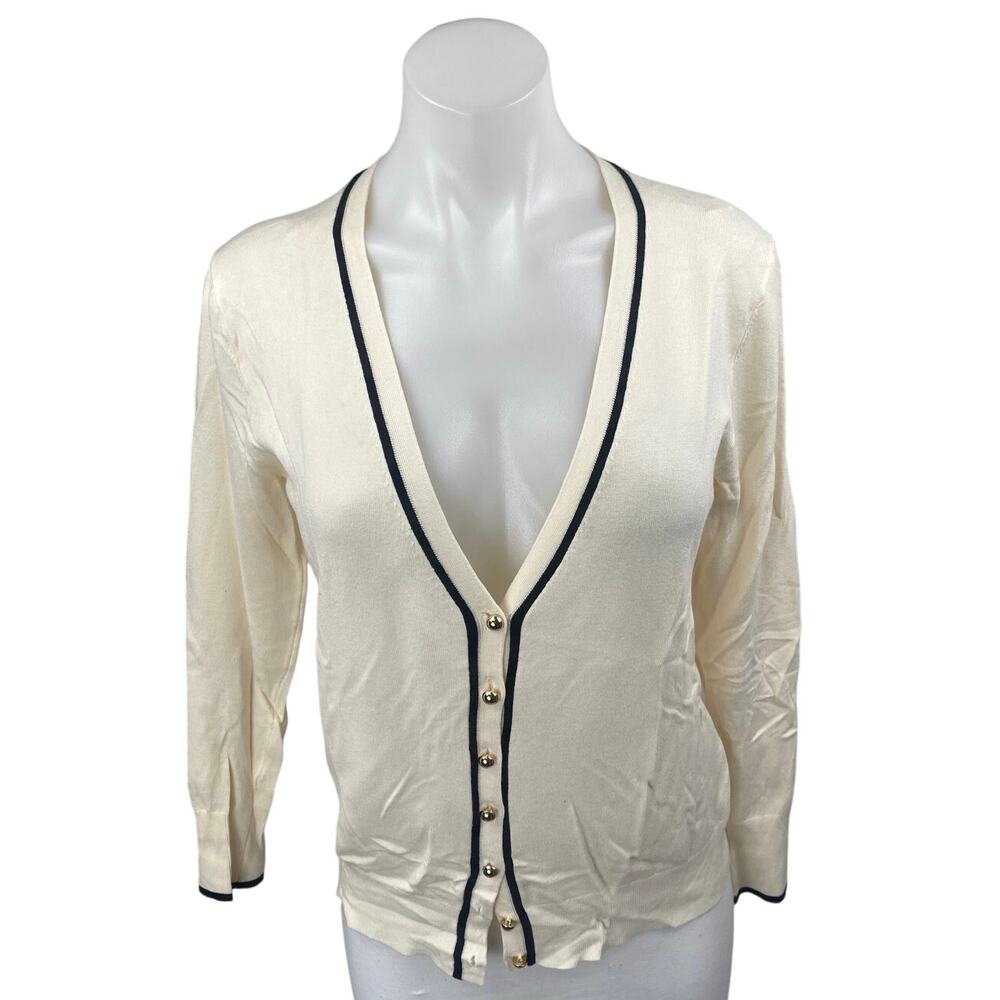 Zara Cream Black Long Sleeve Deep V Neck Button Up Cardigan Sweater Top Size M